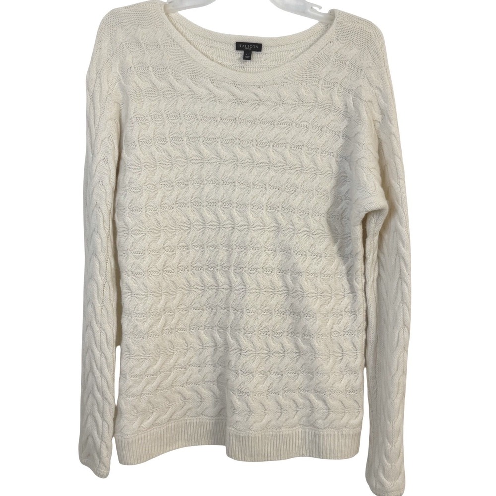 Talbots Womens Cream Cable Knit Crew Neck Merino Wool Cashmere Sweater Lg Petite
